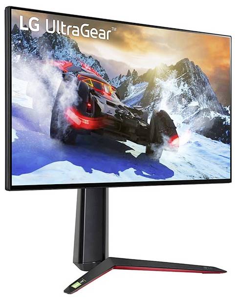 LG UltraGear-Monitor zeigt eine Offroad-Rennspiel-Szene mit einem Auto, das durch verschneite Berge rast und dabei lebendige Grafiken hervorhebt.