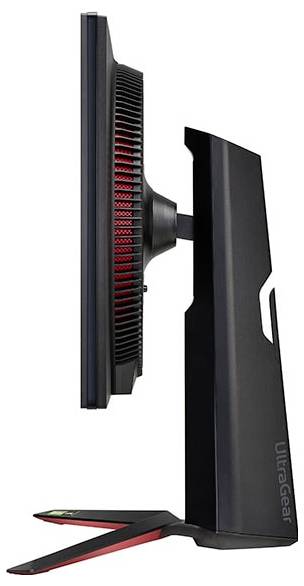 Ein schwarzer UltraGear Gaming-Monitor, von der Seite gesehen, mit schlankem Profil und roten Akzenten am hinteren Lüftungsschlitz.