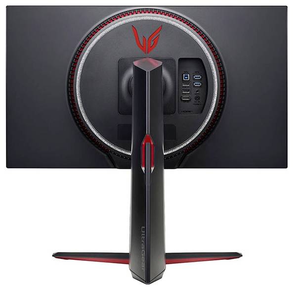 Ein Monitor von hinten gesehen, mit Anschlüssen und einer kreisförmigen Gestaltung. Der Standfuß ist zentral positioniert, mit sichtbarer 'UltraGear' Markierung.