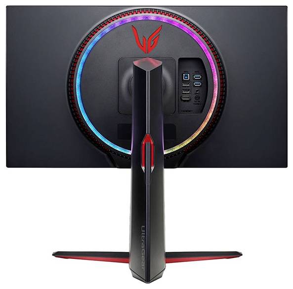 Ein Gaming-Monitor von hinten, mit einem kreisförmigen LED-Licht und verschiedenen Eingangsbuchsen. Der Ständer trägt die Markenbeschriftung "UltraGear".