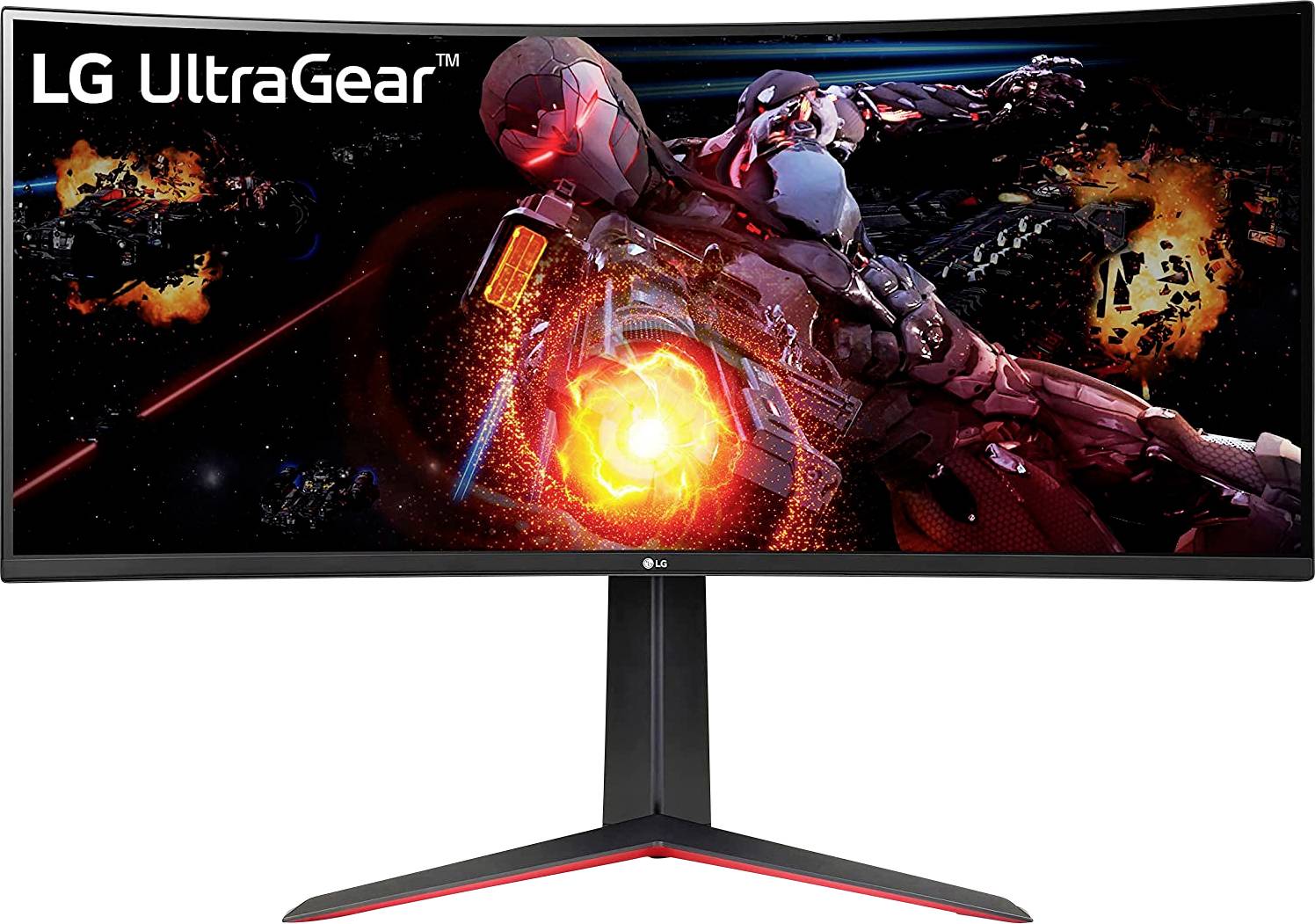 Ein Gaming-Monitor, der eine Science-Fiction-Kampfszene mit einer großen Explosion und Raumschiffen zeigt. Auf dem Bildschirm wird das Logo von 'LG UltraGear' angezeigt.