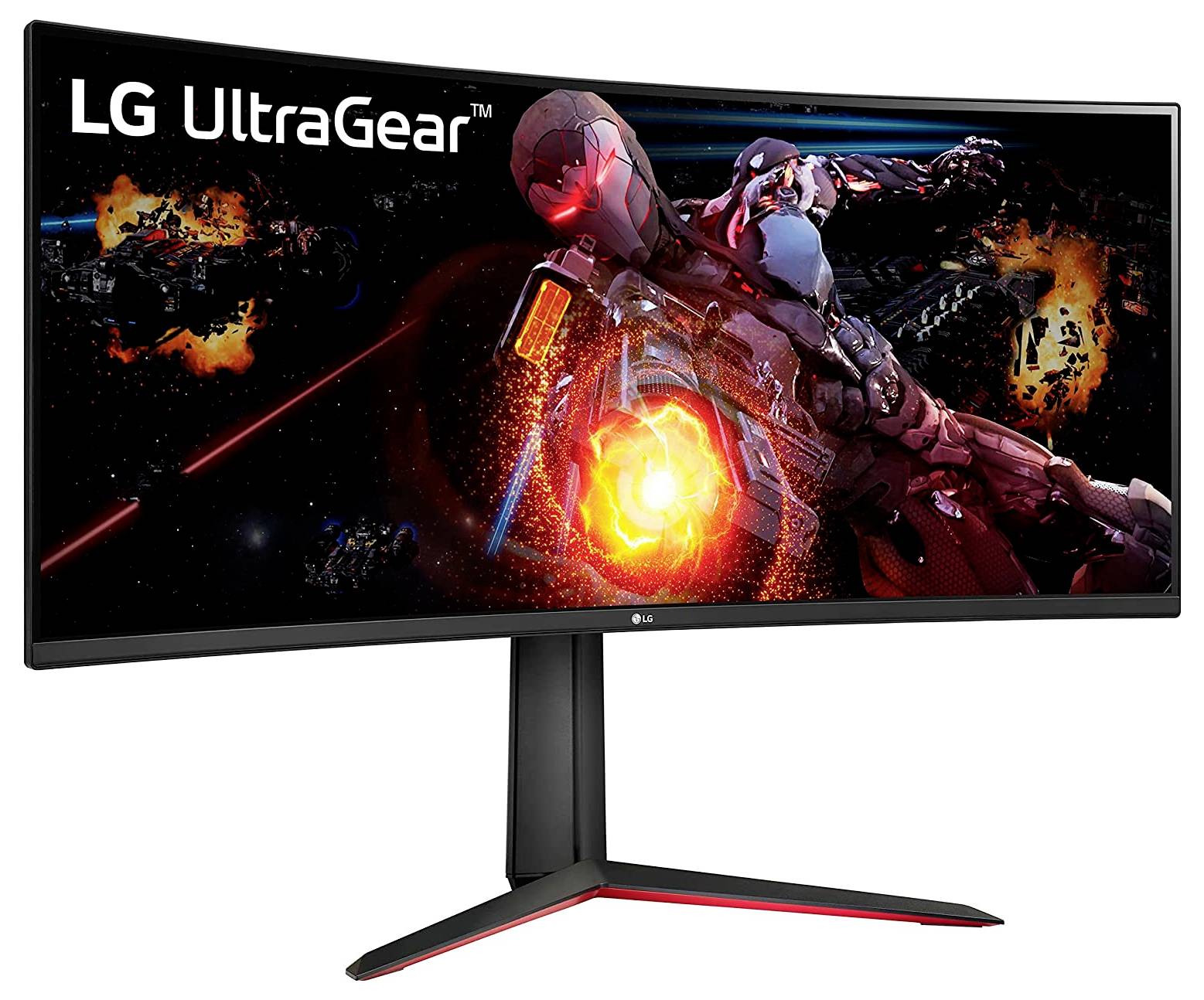 LG UltraGear Monitor mit einem breiten, geschwungenen Bildschirm, der eine lebhafte Actionszene aus einem Videospiel zeigt, die einen Robotercharakter und Explosionen beinhaltet.