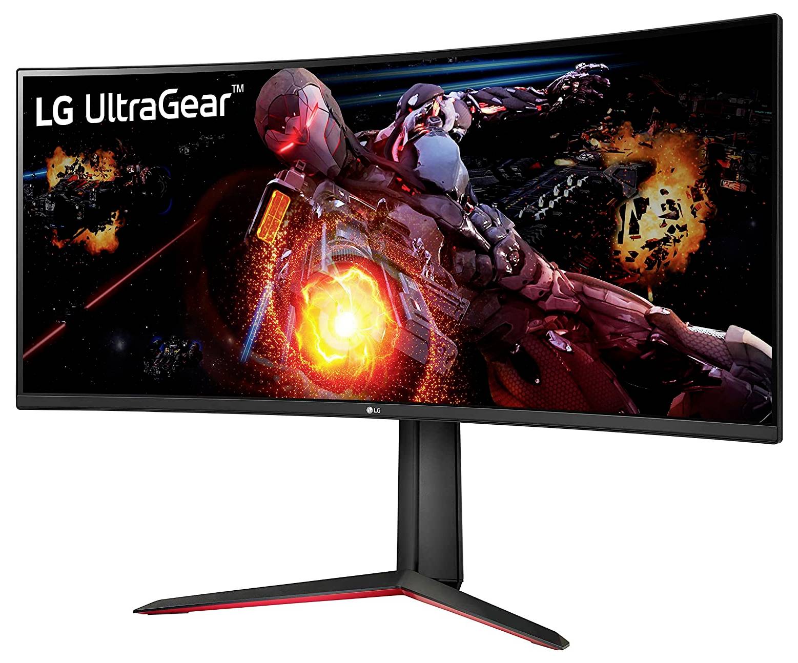 Gekrümmter LG UltraGear-Monitor, der eine dynamische, futuristische Videospielszene mit einem Roboter im Kampf, Explosionen und leuchtenden Farben zeigt.