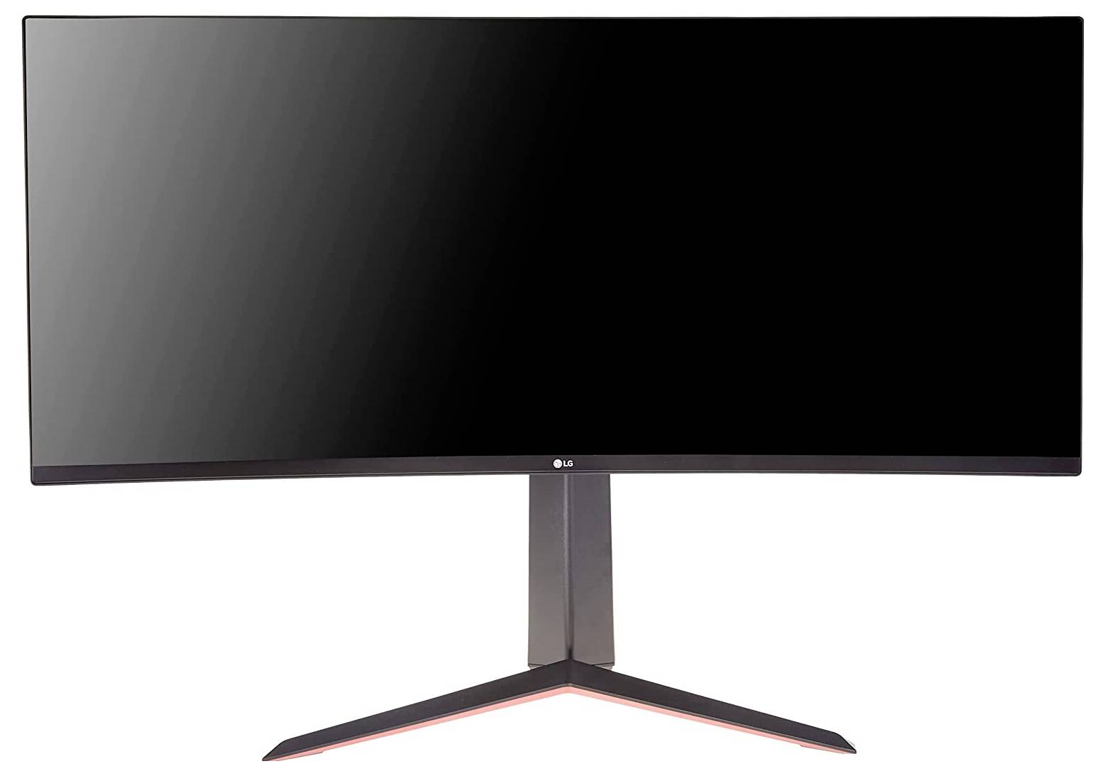 Ein Breitbild-Curved-Monitor mit schmalem Rahmendesign, ausgestattet mit einem dunklen Ständer. Der Bildschirm ist ausgeschaltet und reflektiert einen leichten Lichtschein.