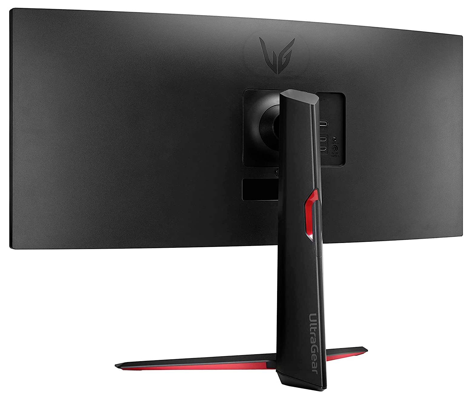 Ein schwarzer Breitbild-Computermonitor, von hinten betrachtet, mit einem rot-schwarzen Ständer.