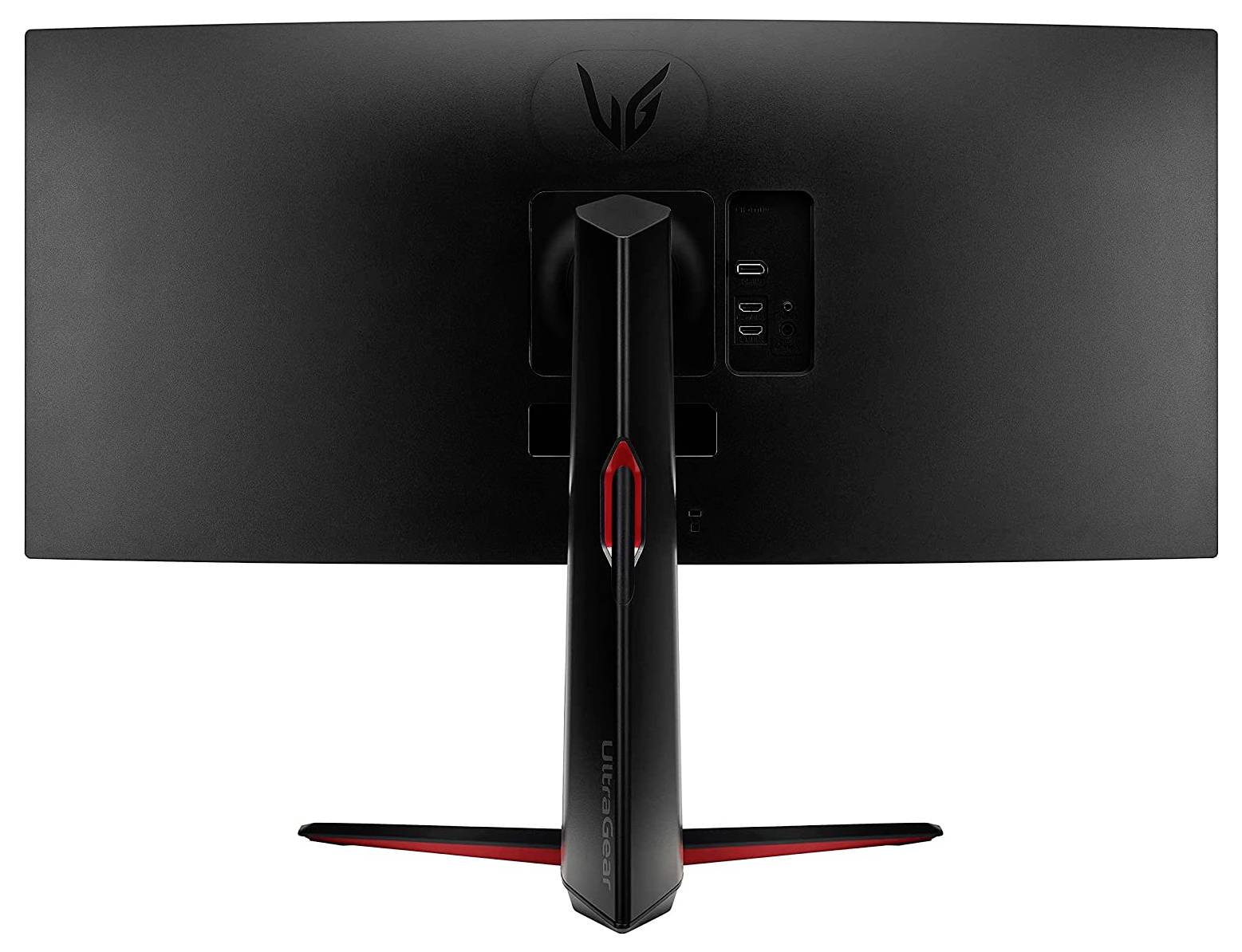 Eine Rückansicht eines Breitbild-Computermonitors mit seinem schlanken Ständer und Anschlüssen, einschließlich HDMI und DisplayPort, auf einer mattschwarz Oberfläche.