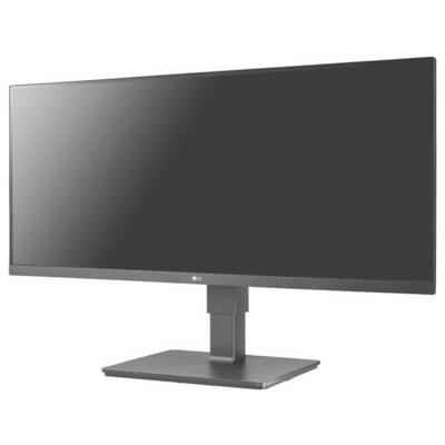 Ein Breitbild-Computermonitor mit einem eleganten Ständer, schwarzem Rahmen und ohne sichtbare Inhalte auf dem Bildschirm.