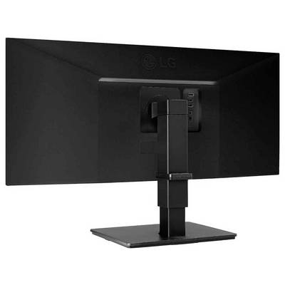 Das Foto zeigt die Rückansicht eines Breitbild-Computermonitors auf einem schwarzen Ständer, mit sichtbaren Anschlüssen und einem LG-Logo.