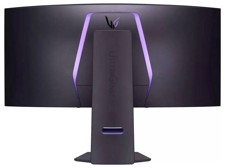 Gebogener Monitor mit 'UltraGear'-Branding am Ständer, mit violetter Akzentbeleuchtung, von hinten betrachtet.