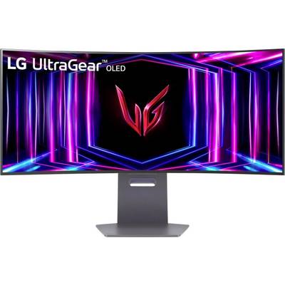 Ein gebogener LG UltraGear OLED-Monitor, der eine lebendige, neonbeleuchtete Tunneleffekt zeigt, mit dem roten 'LG'-Logo in der Mitte.