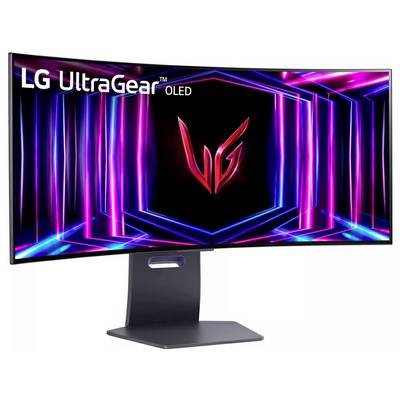 Gebogener LG UltraGear OLED-Monitor, der neonpurpurne und blaue Lichter mit dem roten 'LG'-Logo in der Mitte zeigt.