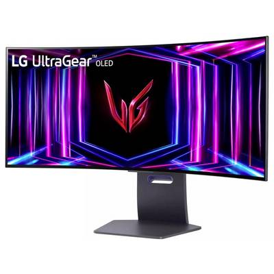 Gebogener LG UltraGear OLED-Monitor mit lebendigen, mehrfarbigen Neon-Grafiken auf dem Bildschirm, wobei ein auffälliges rotes "VG"-Logo in der Mitte platziert ist.