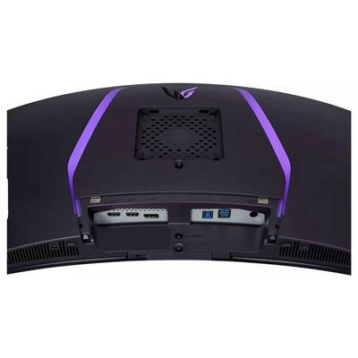 Curved-Monitor von hinten mit Anschlüssen: HDMI, DisplayPort, USB. Monitor hat LED-Beleuchtung und einen Belüftungsbereich oben.