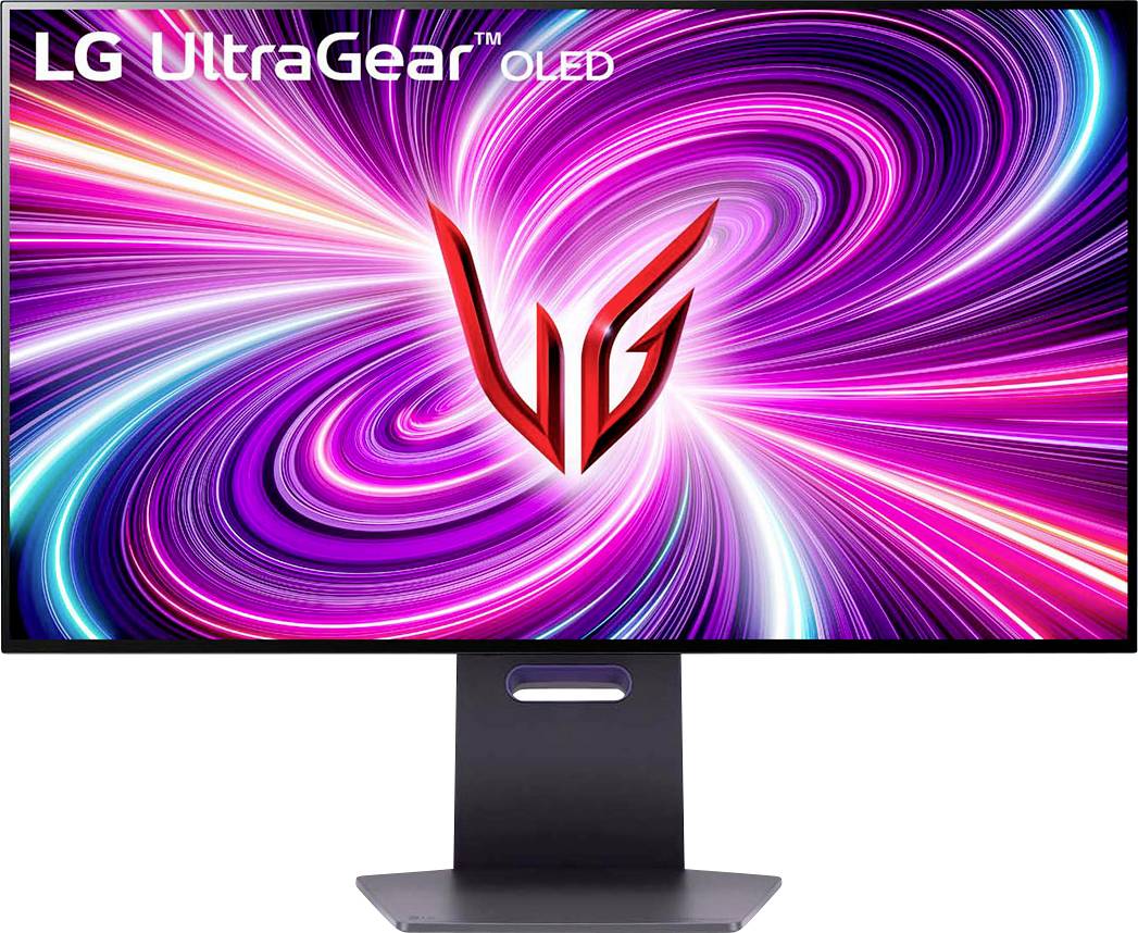 LG UltraGear OLED-Monitor-Display mit einem lebendigen, mehrfarbigen Wirbelmuster und dem UltraGear-Logo in der Mitte.