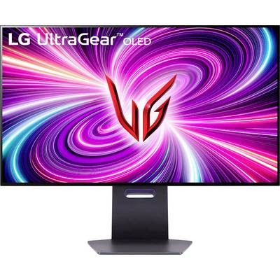 LG UltraGear OLED-Monitor-Display mit einem lebendigen, mehrfarbigen Wirbelmuster und dem UltraGear-Logo in der Mitte.
