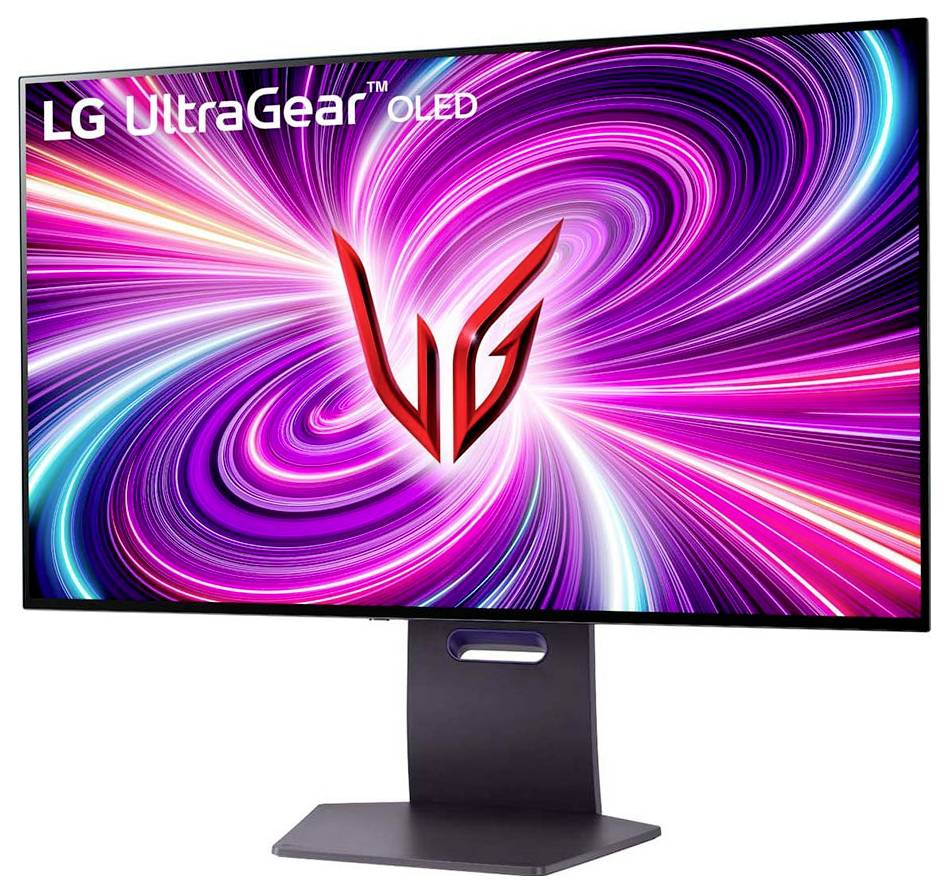 LG UltraGear OLED-Monitor, der ein lebendiges, wirbeldes, mehrfarbiges Muster auf dem Bildschirm zeigt.