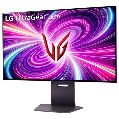 LG UltraGear OLED-Monitor, der ein lebendiges, wirbeldes, mehrfarbiges Muster auf dem Bildschirm zeigt.