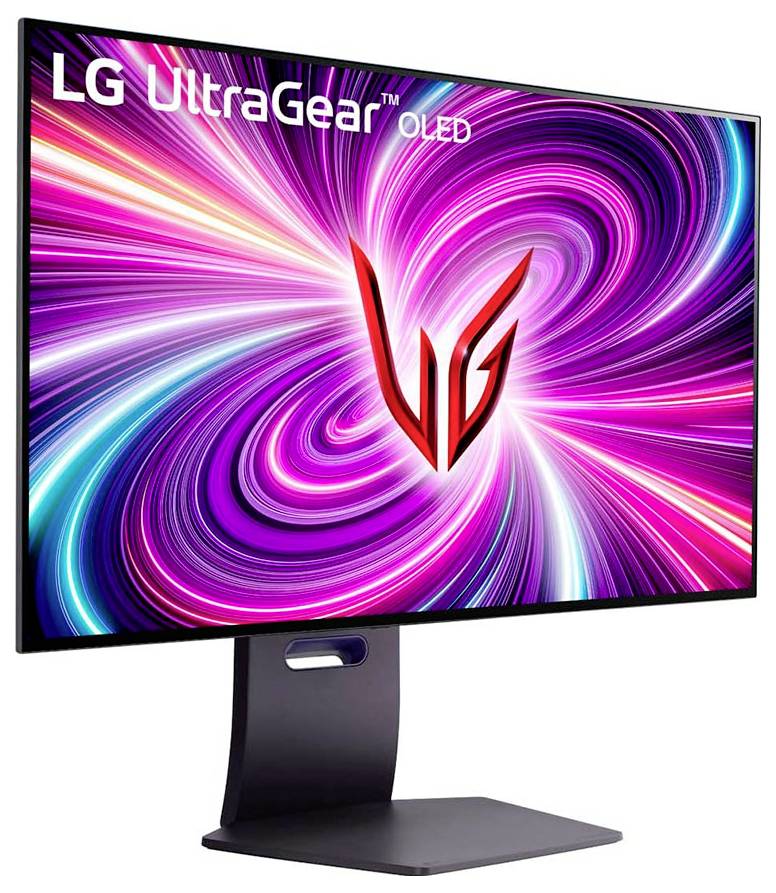 LG UltraGear OLED-Monitor, der ein lebendiges, wirbelndes Muster in Pink und Lila mit einem roten Emblem in der Mitte zeigt.
