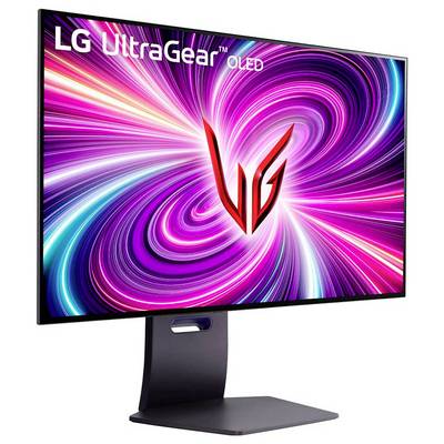 LG UltraGear OLED-Monitor, der ein lebendiges, wirbelndes Muster in Pink und Lila mit einem roten Emblem in der Mitte zeigt.