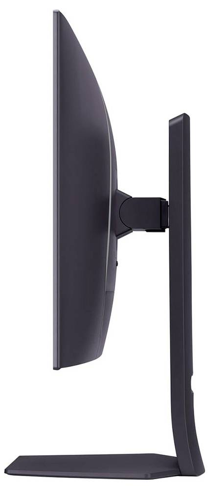 Eine Seitenansicht eines schlanken, modernen Computermonitors auf einem Ständer, der sein schmales Profil und den verstellbaren Arm präsentiert.