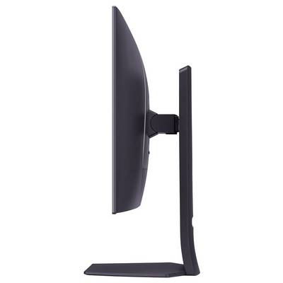 Eine Seitenansicht eines schlanken, modernen Computermonitors auf einem Ständer, der sein schmales Profil und den verstellbaren Arm präsentiert.