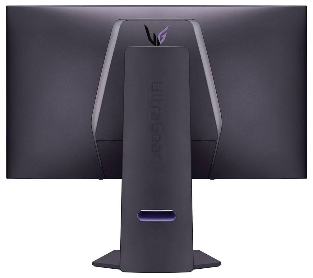 Rückansicht eines großen schwarzen Monitors mit 'UltraGear'-Schriftzug am Ständer, ausgestattet mit einem V-förmigen Montagearm und einem Markenlogo auf der Rückseite.