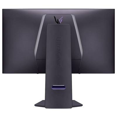 Rückansicht eines großen schwarzen Monitors mit 'UltraGear'-Schriftzug am Ständer, ausgestattet mit einem V-förmigen Montagearm und einem Markenlogo auf der Rückseite.