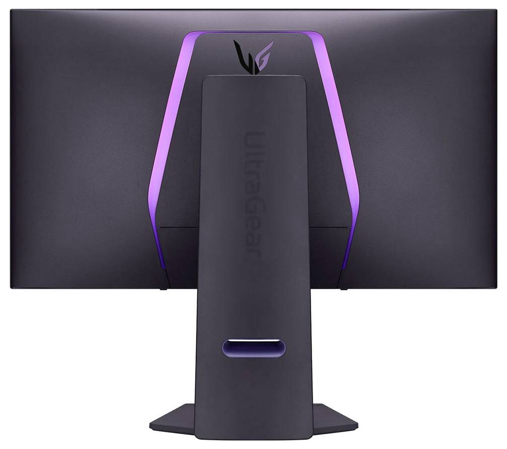 Ein Gaming-Monitor mit breitem Bildschirm und elegantem Design, mit lila LED-Akzenten an der Rückseite.