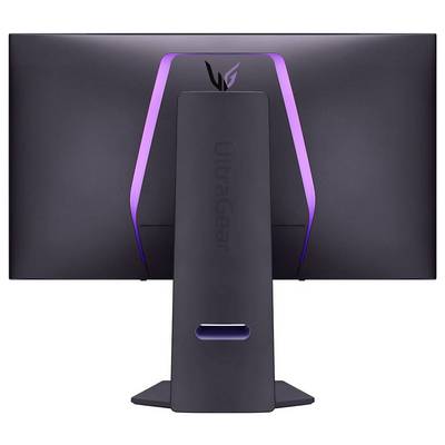 Ein Gaming-Monitor mit breitem Bildschirm und elegantem Design, mit lila LED-Akzenten an der Rückseite.