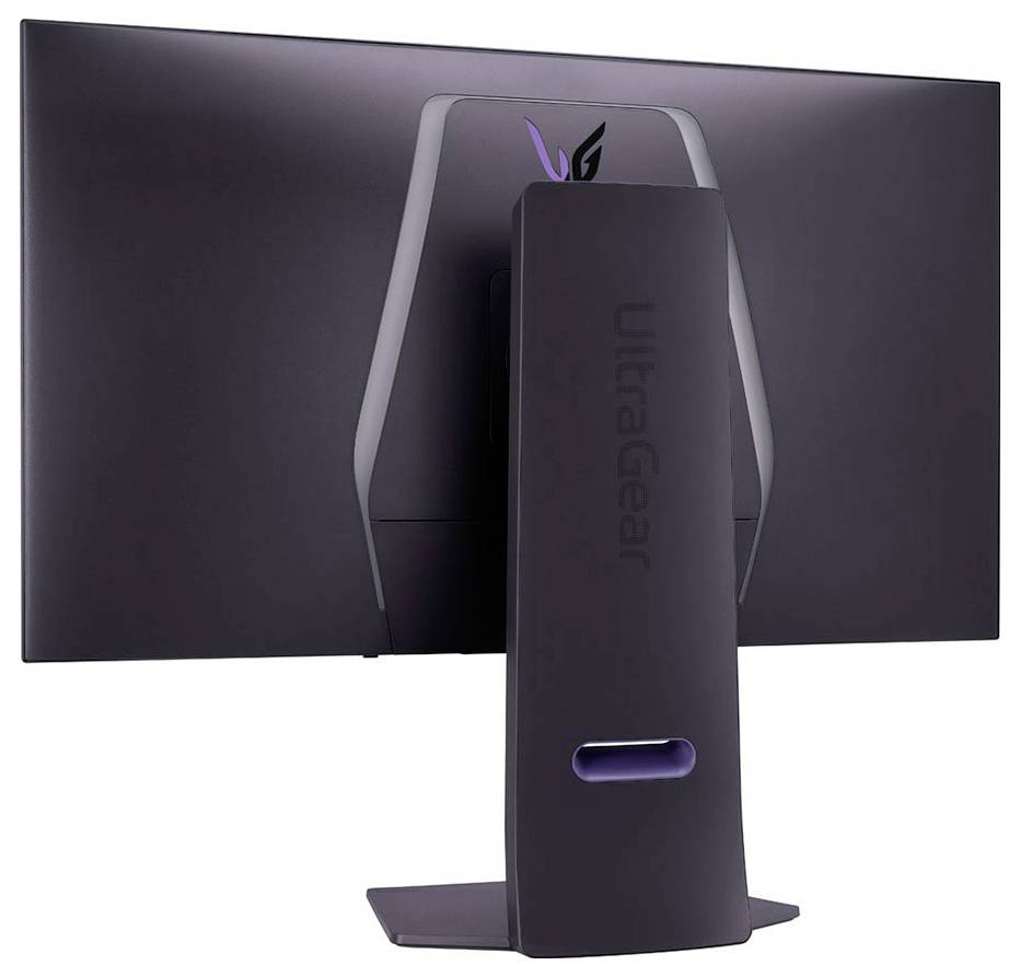 Ein großer, schwarzer Gaming-Monitor wird von hinten gezeigt, mit einem eleganten Design, einem Ständer und dezenten Markenelementen.