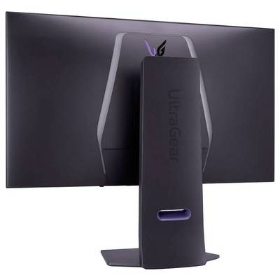Ein großer, schwarzer Gaming-Monitor wird von hinten gezeigt, mit einem eleganten Design, einem Ständer und dezenten Markenelementen.
