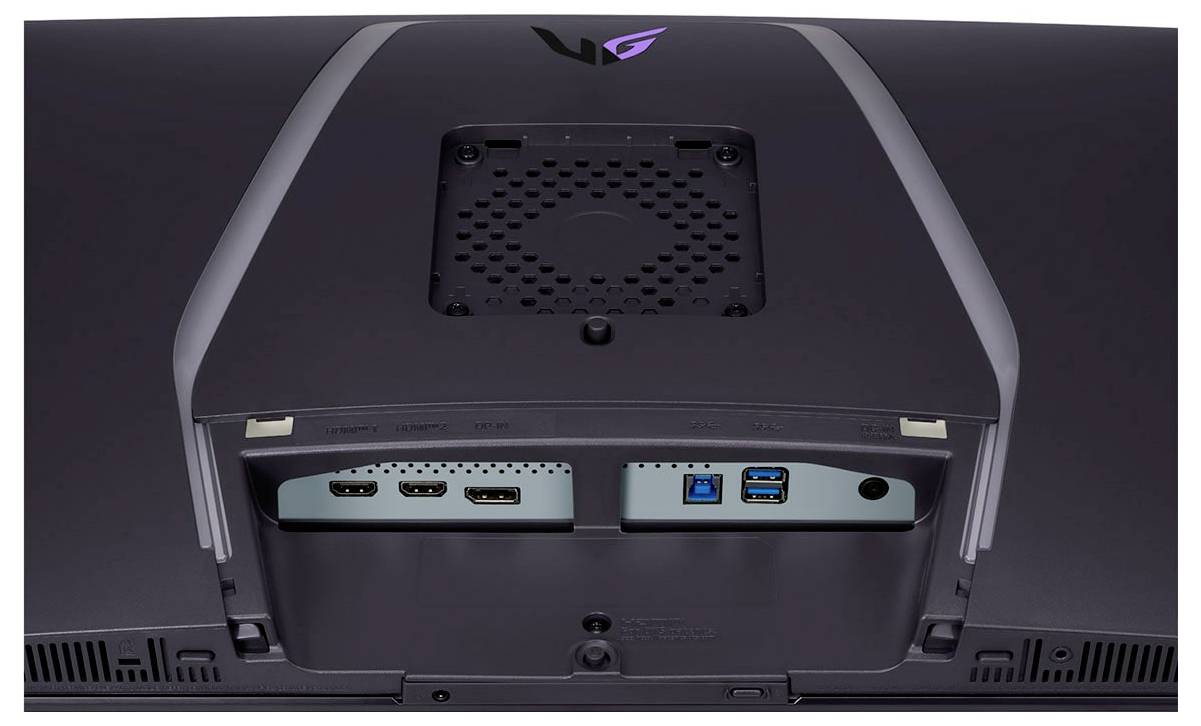 Rückansicht eines Monitors mit Anschlüssen, einschließlich drei HDMI-Ports, einem DisplayPort, einem USB-3.0-Upstream und zwei USB-3.0-Downstream-Anschlüssen.