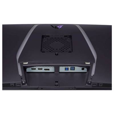 Rückansicht eines Monitors mit Anschlüssen, einschließlich drei HDMI-Ports, einem DisplayPort, einem USB-3.0-Upstream und zwei USB-3.0-Downstream-Anschlüssen.