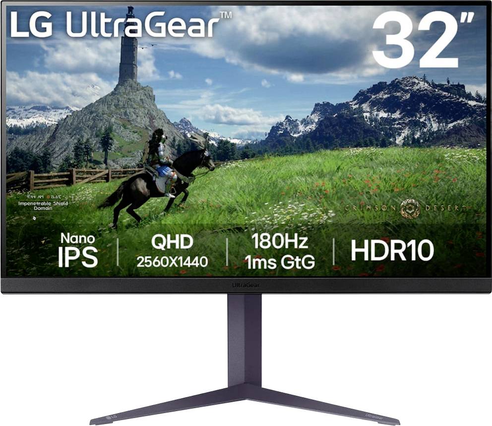 Ein 32 Zoll LG UltraGear Monitor, der eine Videospielszene mit einem Reiter in der Nähe eines Turms zeigt. Wichtigste Merkmale: Nano IPS, QHD 2560x1440, 180 Hz, 1 ms, HDR10.