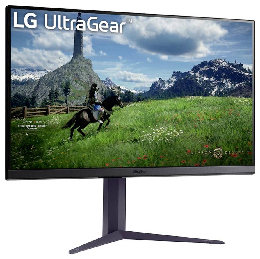 Ein Monitor zeigt eine Videospielszene mit einem Ritter zu Pferd in einer üppigen, grünen Wiese mit Bergen. Die Markierung liest sich „LG UltraGear".