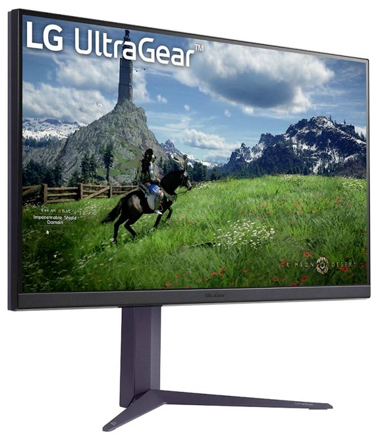 Stehender Monitor, der eine lebendige Landschaft aus einem Videospiel zeigt; LG UltraGear-Branding ist oben sichtbar; hebt die Grafikfähigkeiten für Gaming hervor.