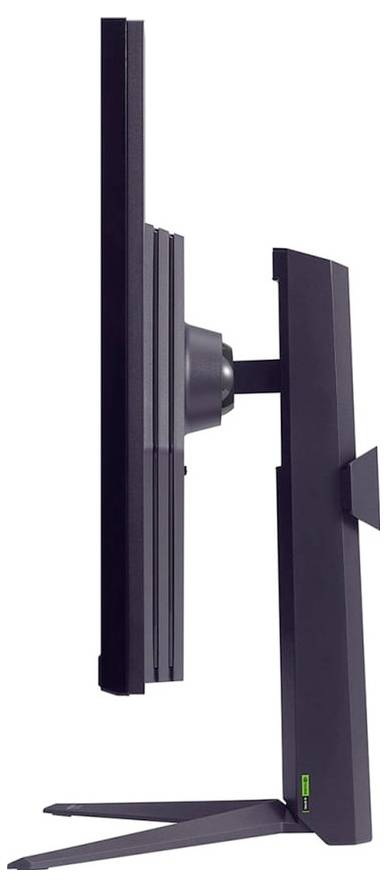 Eine Seitenansicht eines modernen Computermonitors auf einem Ständer, der ein schlankes, elegantes Design und minimalistische Merkmale präsentiert.
