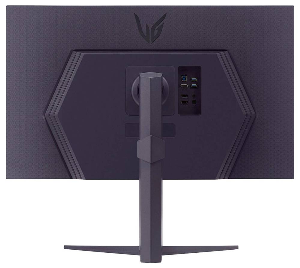 Eine Rückansicht eines Computermonitors mit Ständer, die mehrere USB-Anschlüsse und ein sechseckiges Designmuster auf dem Rückenpanel zeigt.