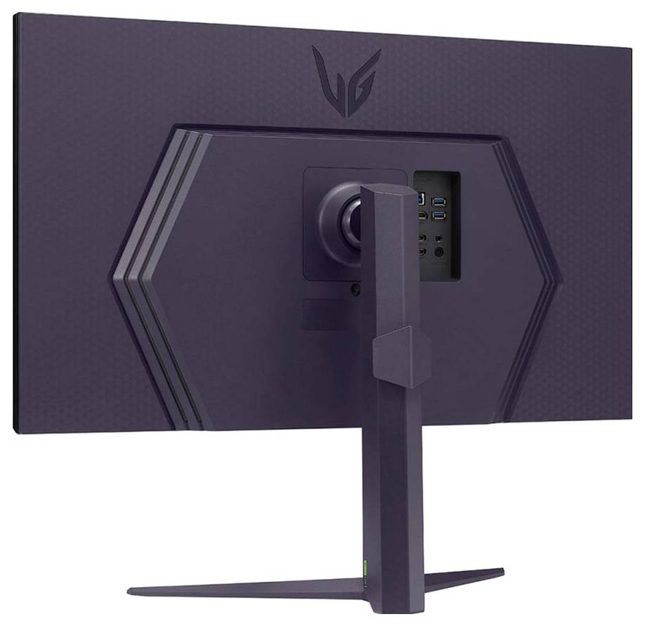 Ein Computermonitor, von hinten gesehen, mit Standfuß, Eingangsbuchsen und einem Logo in der Mitte oben.