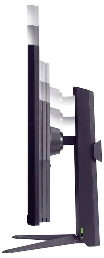 Eine Seitenansicht eines verstellbaren Computermonitorständers mit ergonomischen Neige- und Höheneinstellungsfunktionen, der in verschiedenen Positionen für maximale Flexibilität dargestellt wird.