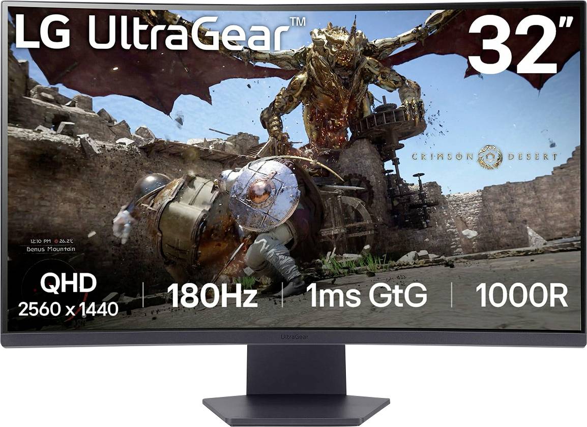 LG UltraGear 32" Monitor, der eine Spielszene aus 'Crimson Desert' mit einem Drachen zeigt. Hervorgehobene Merkmale: QHD 2560x1440, 180 Hz, 1 ms GtG, 1000R.