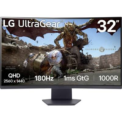 LG UltraGear 32" Monitor, der eine Spielszene aus 'Crimson Desert' mit einem Drachen zeigt. Hervorgehobene Merkmale: QHD 2560x1440, 180 Hz, 1 ms GtG, 1000R.