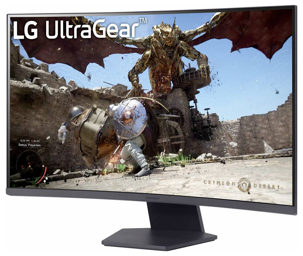 Ein gebogener LG UltraGear-Monitor, der eine Szene aus 'Crimson Desert' zeigt, in der ein Ritter gegen einen Drachen kämpft und leuchtende Farben und Action präsentiert.