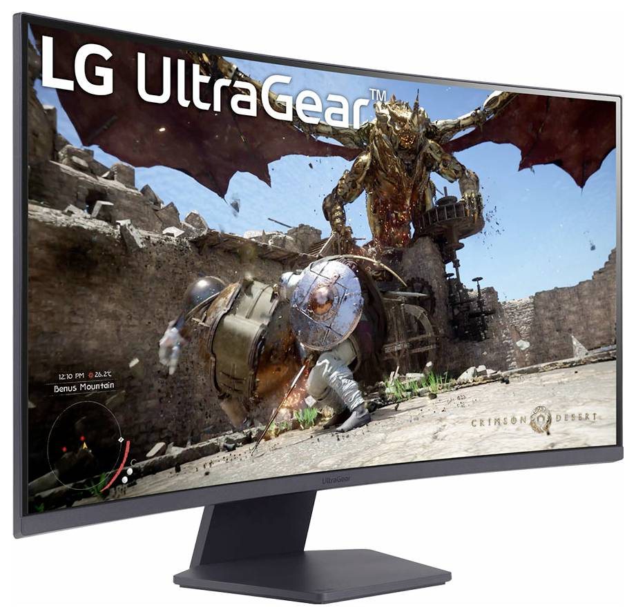 Ein Gaming-Monitor zeigt eine Szene aus einem Spiel mit einem großen Drachen, der eine Burg angreift, unter der Markenbezeichnung 'LG UltraGear'.