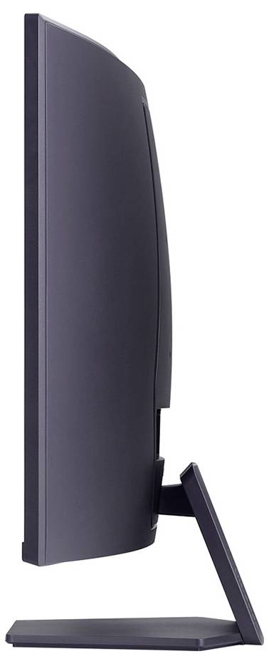 Ein dünner schwarzer Computermonitor, von der Seite betrachtet, auf einem rechteckigen Ständer.