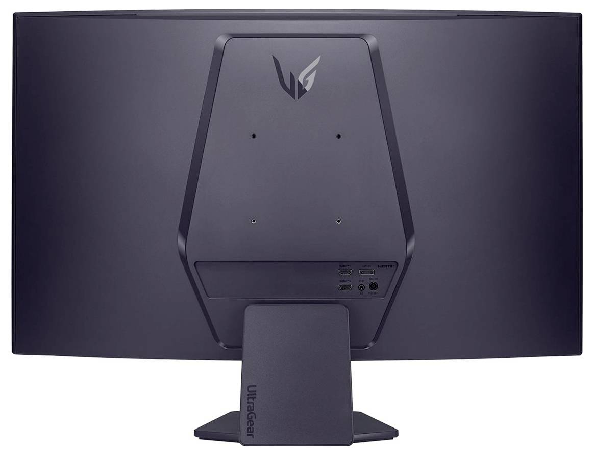 Rückansicht eines großen, schwarzen Gaming-Monitors mit einem V-förmigen Logo und sichtbaren Anschlussports auf dem unteren Rückenpanel.