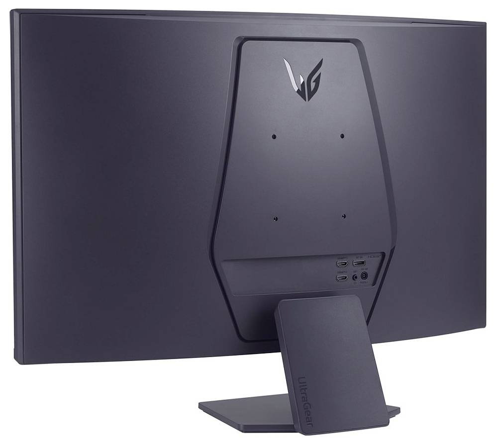Ein schwarzer UltraGear Gaming-Monitor von hinten, der die Anschlüsse und ein schlankes Standdesign zeigt.