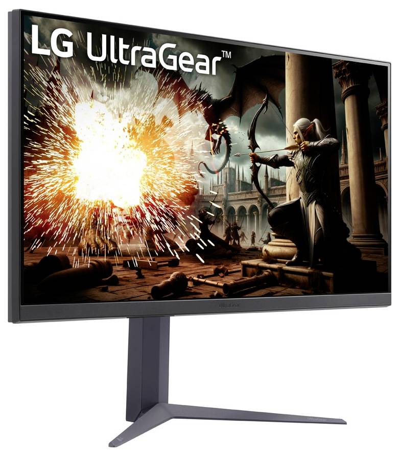 Ein Gaming-Monitor, der eine Actionszene mit einem Bogenschützen zeigt, der einen Pfeil auf eine Explosion in einer mittelalterlichen Umgebung abschießt.
