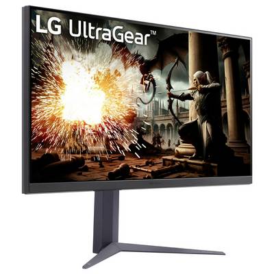 Ein Gaming-Monitor, der eine Actionszene mit einem Bogenschützen zeigt, der einen Pfeil auf eine Explosion in einer mittelalterlichen Umgebung abschießt.