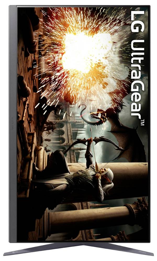 Ein Gaming-Monitor zeigt eine dynamische Actionszene mit dramatischer Beleuchtung und Explosionen und hebt dabei die Markenbezeichnung "LG UltraGear" hervor.